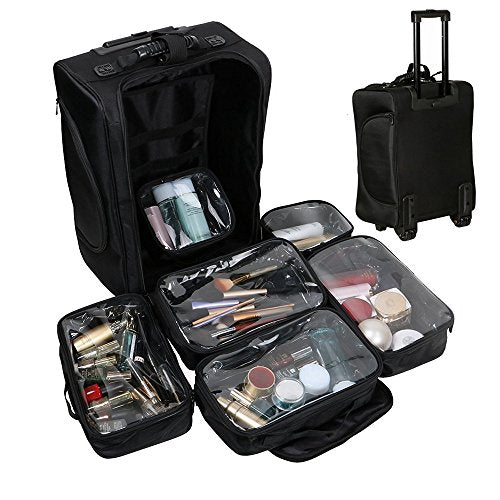 LUVODI Nylon Makeup Case Portable Travel Trolley Cosmetic Case Organiser Rolling Makeup Artist Train Case Storage Box with Brush Holder 6 Clear Cover